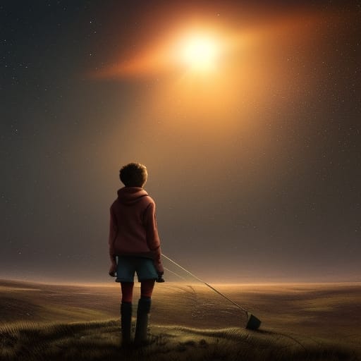 a kid on a moor at dusk with an artificial light in the sky