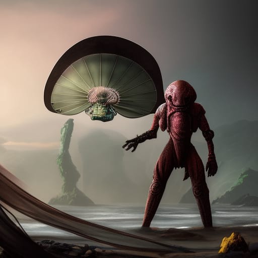 An alien bounty hunter stands on a planet's surface, its fungus-like spacecraft hovering behind