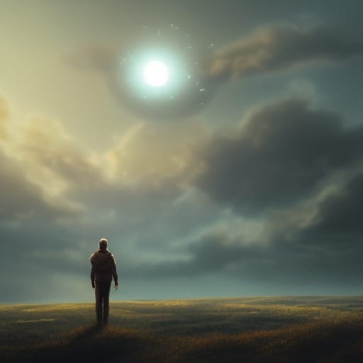 a lone wanderer on a moor at dusk with an artificial light in the sky