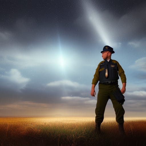 a policeman on a moor at dusk with an artificial light in the sky