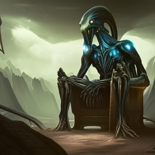 An evil looking alien sits hunched forward in a throne